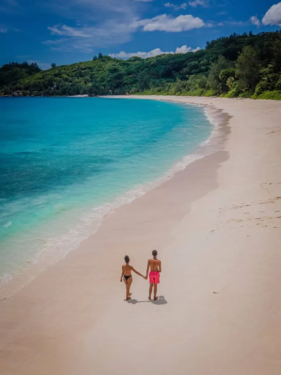 A couple holding hands while walking along a pristine sandy beach with turquoise waters and lush greenery in Seychelles.