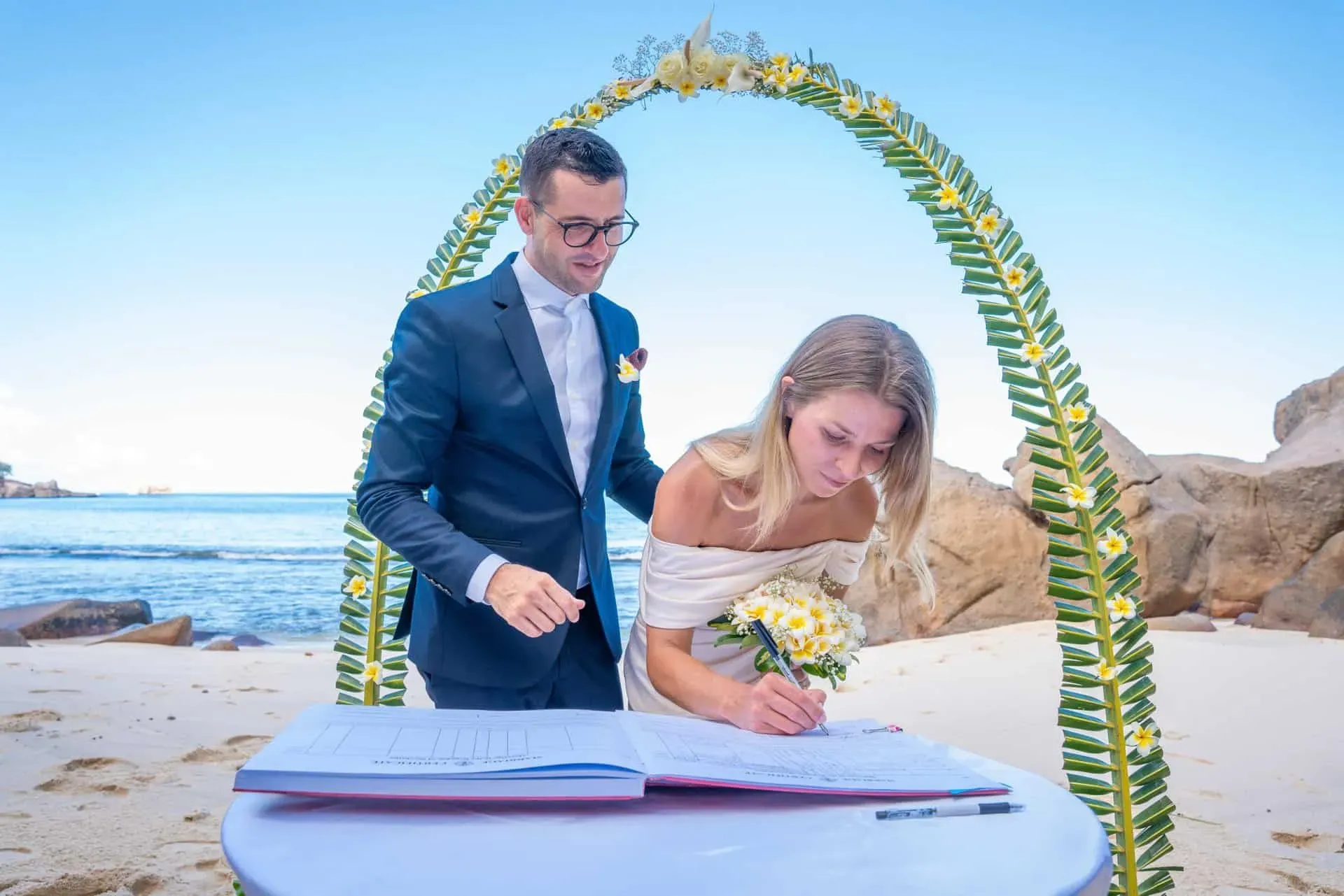 Couple having a wedding in the Seychelles