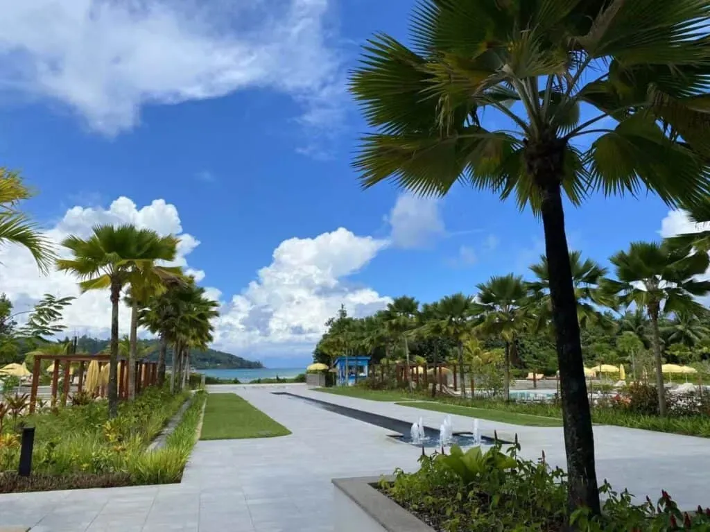 Palm trees lining a paved walkway in a tropical resort with bright blue sky and lush greenery in Seychelles.